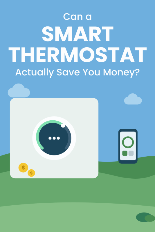 Illustration of a smart thermostat on a wall with a phone app with the title Can a Smart Thermostat Actually Save You Money?