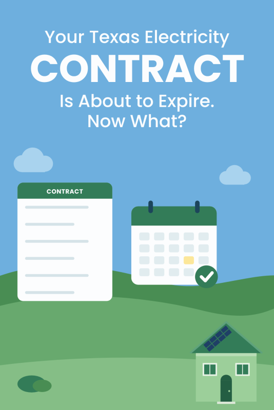 Illustration of a contract document beside a calendar with a clock with the title Your Texas Electricity Contract Is About to Expire. Now What?