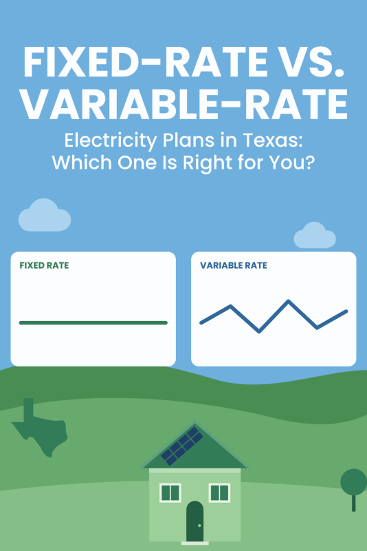 Illustration of a flat fixed-rate line chart next to a changing variable-rate chart with the title Fixed-Rate vs. Variable-Rate Electricity Plans in Texas: Which One Is Right for You?